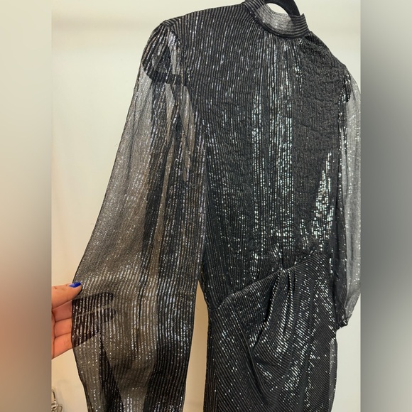 Maje Black Metallic Sheer Long-Sleeve Mini Silk Dress - Picture 6 of 8